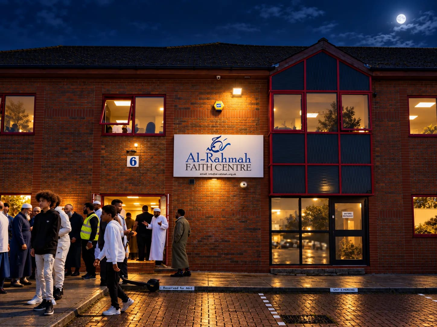 Al-Rahmah Faith Centre at night, with worshippers gathered outside the entrance