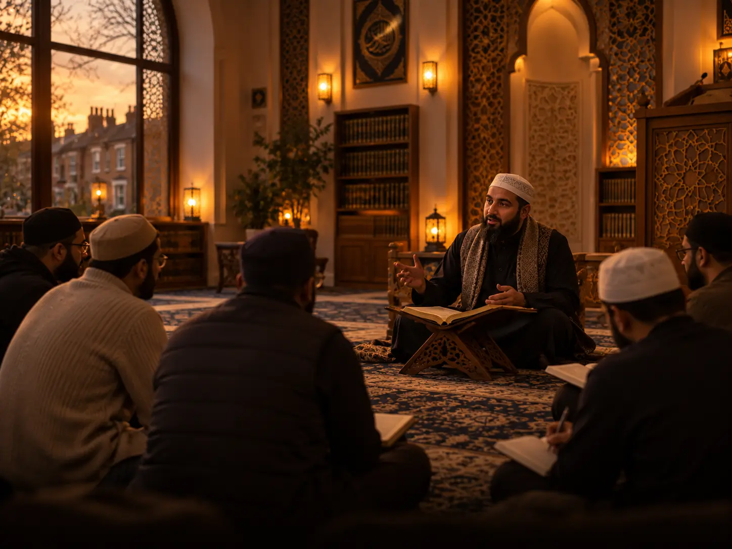 A teacher leading a lesson with a seated circle of students in the masjid