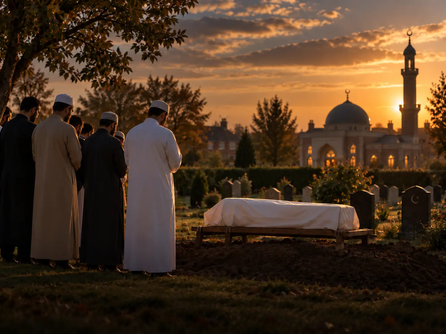 Mourners standing in prayer beside a shrouded body at a Muslim graveside at sunset