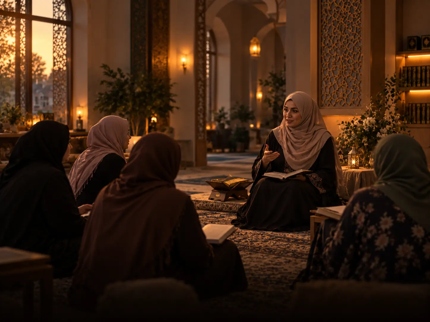 A sisters’ class, with a teacher reading to women seated in the prayer hall